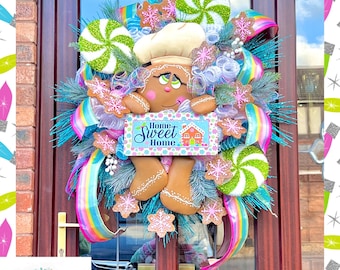 XL Pastel Candyland Christmas Gingerbread Wreath, gingerbread decor, candy cane lane, candyland christmas decorations, gingerbread wreath