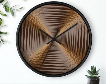 Unique Decorative 10" Wall Clock featuring Brown Beige Psychedelic Kaleidoscope Design with Wooden or Black Border
