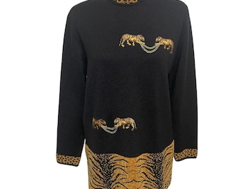 Vintage Sweater Dress Mini Black Gold Tigers Wool Blend Long Sleeve Medium