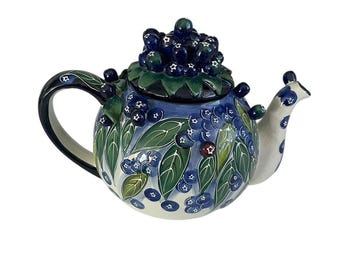 J.McCall Lidded Teapot Blueberries BLUE SKY Hand Painted Floral