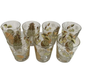 VTG MCM William A Meier Lot Of 7 Signed Bar Glasses Low Ball Green Gold Fruit