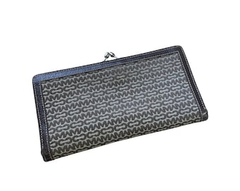 Vintage Mark Cross Italy Monogrammed Canvas & Leather Wallet Brown Tan Kiss Lock