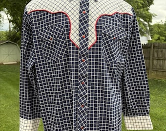 VTG Western Shirt Circle T Pearl Snap Yoke Cowboy Made In USA Red White Blue XL