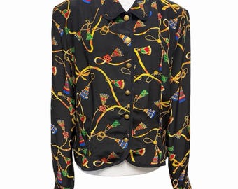 VTG Nancy Crystal Silk blouse met lange mouwen zwart kwastjes barokmaat 14
