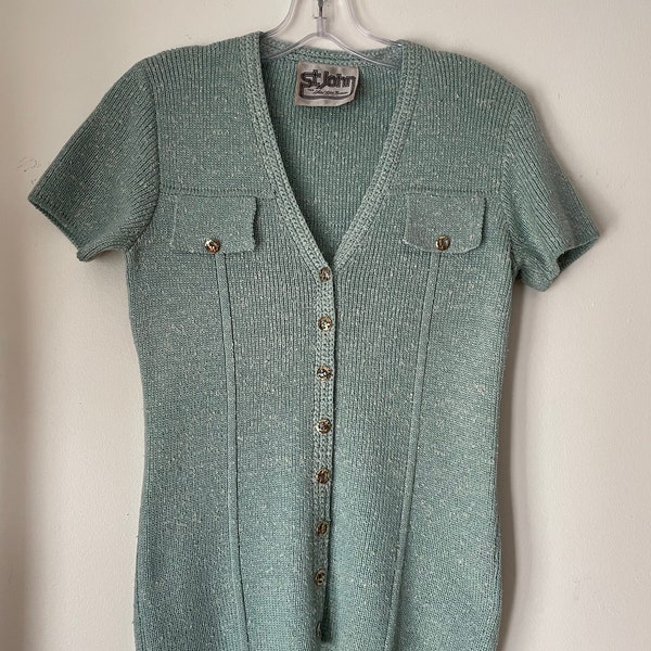 Vintage St John For Saks Fifth Avenue Mint Green Short Sleeve Knit Sweater