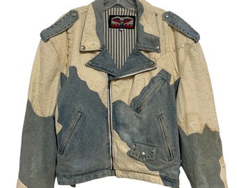 VTG Jeff Hamilton Denim Leather Zip Up Rare Jacket Bomber Distressed Mens Small