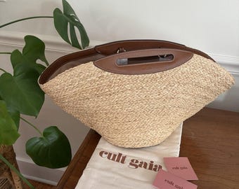 NWT Cult Gaia Raffia Woven Tote Wanda Brown Leather Crossbody Strap Beach