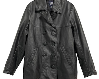 VTG 90s Y2K Old Gap Black Leather Peacoat Double Breasted Mens XS EU 42-44