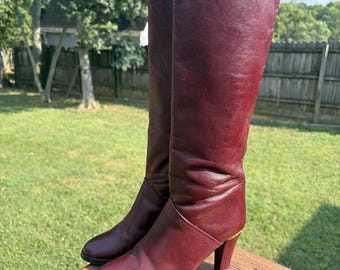 Etienne Aigner Vintage Leather Heeled Boots Fold Over Burgundy Red Size 7.5