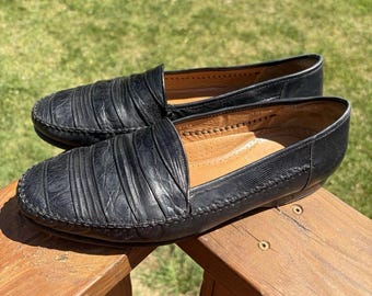 Magnanni For Gentry Hall Mocasines negros de piel de lagarto auténtica para hombre, talla 11.5 M