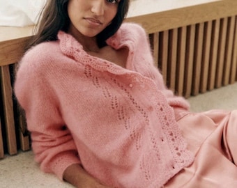 NWT Sézane Angie Cardigan Sweater in Light Pink Rose Plume Mohair Wool XXS Rare