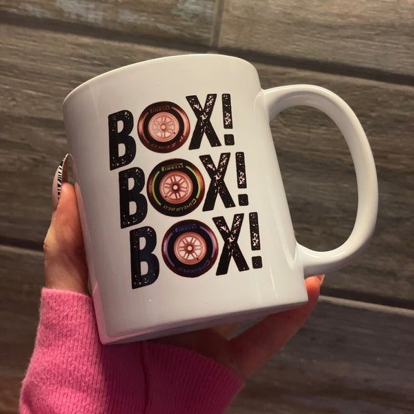 BOX BOX BOX F1 Mug | Pit Stop Mechanic Tyres Formula 1 Ceramic Cup | Pirelli Tyres Motorsport Mug