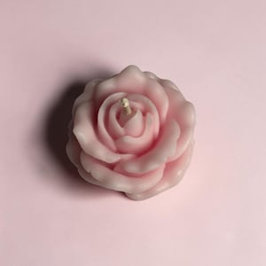 May include: A light pink candle shaped like a blooming rose flower. The wax petals are layered in a circular pattern, radiating from the center where a single, short, off-white cotton wick is positioned upright in the middle of the flower.