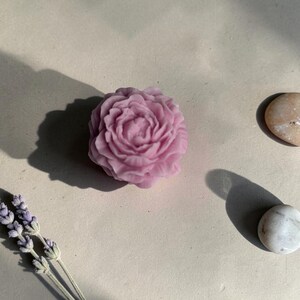 Pu&ograve; includere: Un oggetto in cera color viola chiaro modellato a forma di fiore di peonia in piena fioritura. Il fiore presenta petali complessi e stratificati. Ad accompagnare la forma floreale ci sono due piccole pietre lisce e arrotondate e un rametto di lavanda.