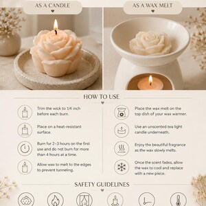 Pu&ograve; includere: Un grafico informativo per prodotti in cera a forma di rosa di Ember & Home. Mostra una candela a rosa accesa su un piattino e una cera profumata in un bruciatore. Include istruzioni per l'uso, linee guida di sicurezza e consigli di cura.