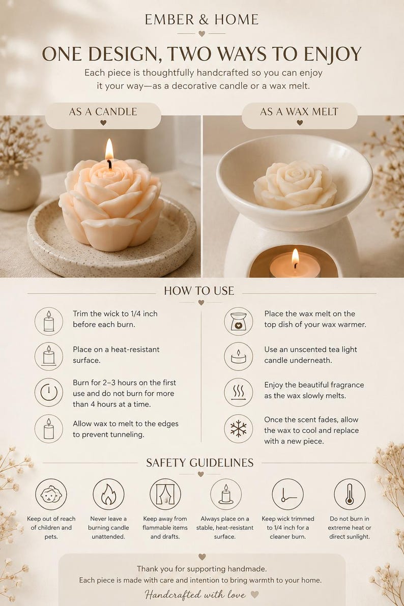 Pu&ograve; includere: Un grafico informativo per prodotti in cera a forma di rosa di Ember & Home. Mostra una candela a rosa accesa su un piattino e una cera profumata in un bruciatore. Include istruzioni per l'uso, linee guida di sicurezza e consigli di cura.