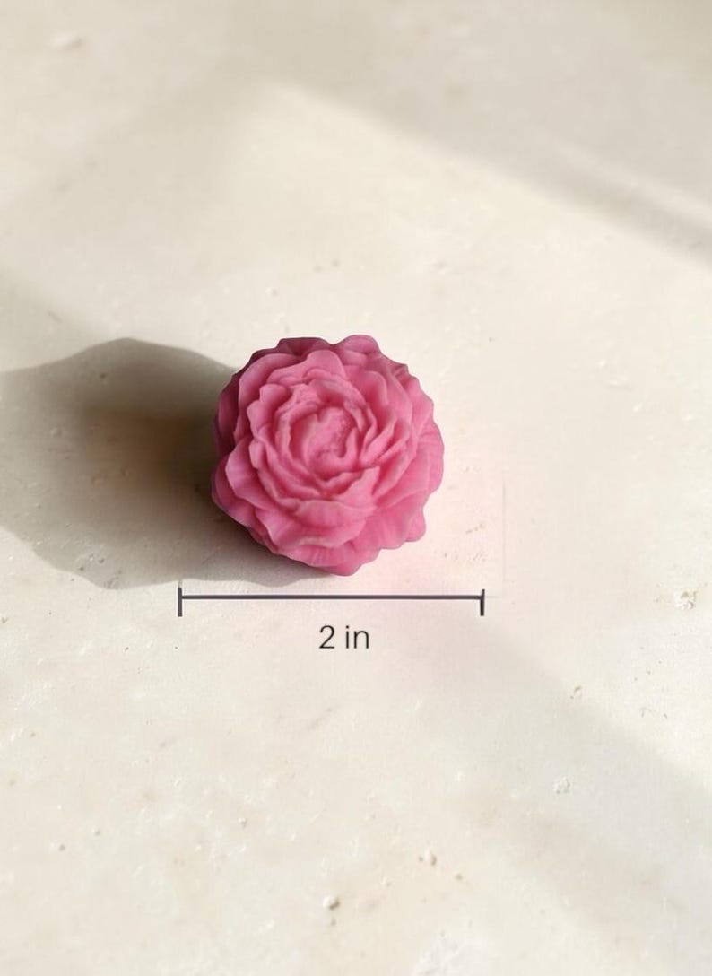 Pu&ograve; includere: Un oggetto a forma di rosa di colore rosa con petali stratificati e testurizzati. Una linea grafica e un testo indicano un diametro di 5,08 cm. L'oggetto ha una forma floreale arrotondata con un centro denso e bordi che si curvano verso l'esterno.