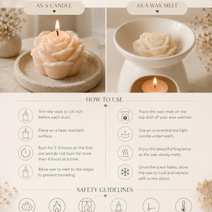 May include: An instructional graphic for Ember & Home rose-shaped wax products. It shows a lit rose candle on a plate and a rose wax melt in a warmer. Includes text on usage, safety guidelines, and instructions to trim wicks to 1/4 inch.