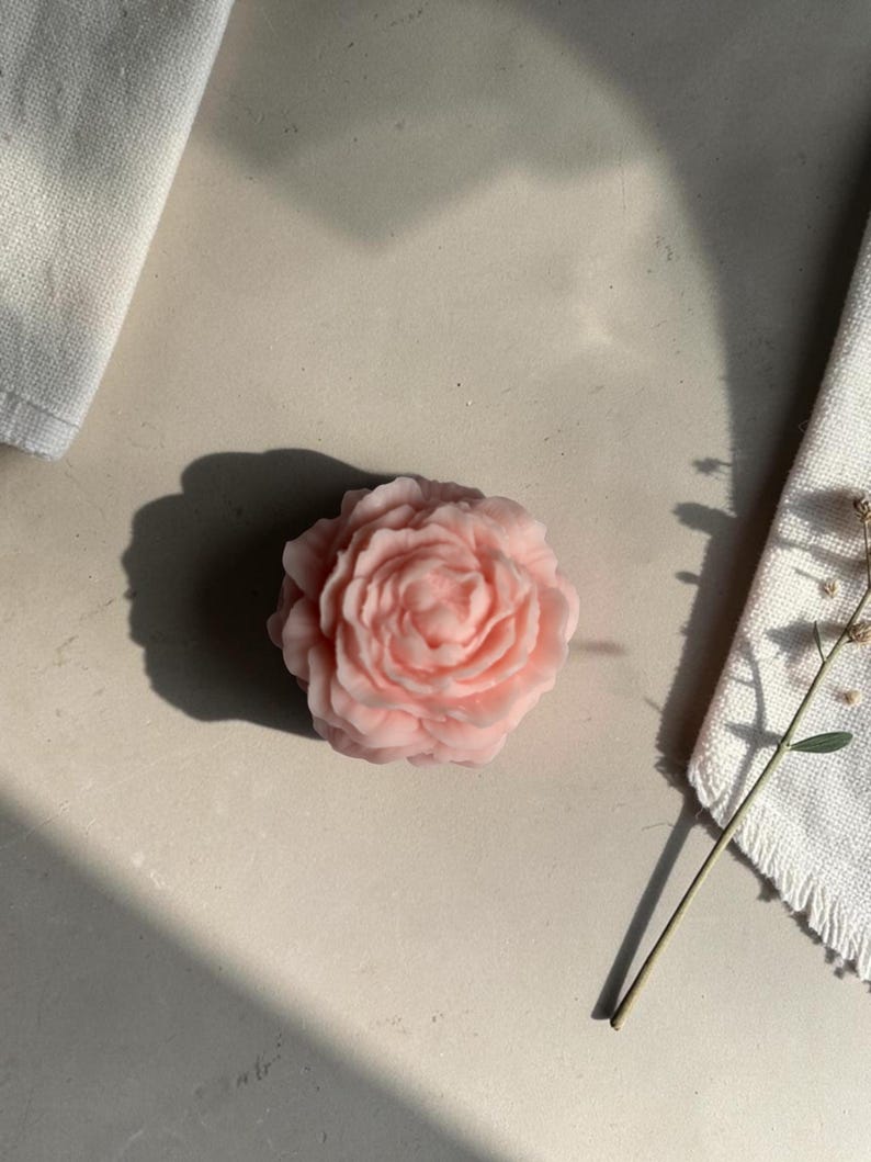 Pu&ograve; includere: Una candela rosa pallido a forma di fiore di peonia in fiore con petali complessi e stratificati. La candela ha una finitura opaca morbida e una forma arrotondata e compatta, che cattura la consistenza dettagliata di un fiore in piena fioritura.