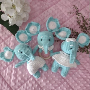 baby toy, baby rattle toy, elephant toy, baby shower gift, birthday baby gift, crocheted toys, amigurumi toys, mint elephants, rattle toy