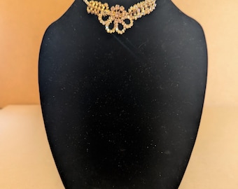 Bright Gold Choker Necklace / Glass Multi Colored Rhinestones