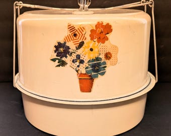 McM Lidded Tin "Cake or Pie"  Metal Carrier with Floral Design 60's