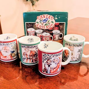 Holiday " Santa and Friends " heavy  stoneware coffee mug set