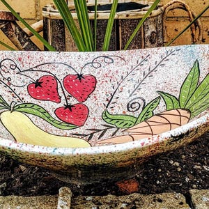 Rare : MCM - Hand Crafted Pottery /Glazed Serving Bowl / Fruit Design  dated 1956