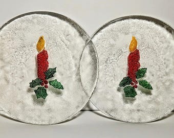 Holiday Etched Glass Plates With Hand Painted Christmas Candle Design