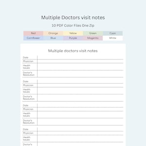 Może przedstawiać: Drukowany szablon do wielokrotnych notatek z wizyt lekarskich. Szablon ma tytuł "Wiele notatek z wizyt lekarskich" i zawiera pola na datę, lekarza, problemy zdrowotne i rozwiązanie lekarza. Szablon jest dostępny w 10 różnych kolorach.