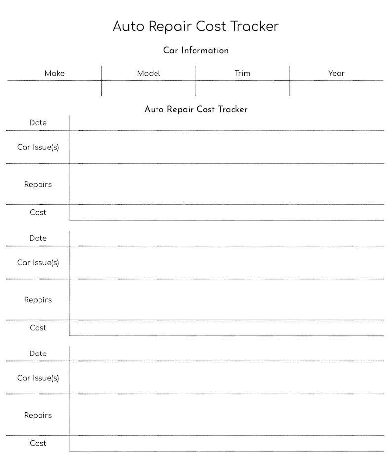 Printable Auto Repair Cost Tracker | Digital Vehicle Maintenance Log ...