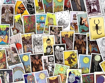 May include: A collection of tarot cards with various illustrations and symbols. The cards feature images of figures, celestial bodies, and other symbolic elements. The color palette includes shades of yellow, blue, red, and black. The cards are arranged on a light-colored surface.