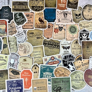 May include: A selection of vintage-style stickers with labels such as "Death Potion," "Mermaid Tears," and "Dragon Tonic." The stickers feature illustrations of skulls, bats, and other mystical elements, with aged paper textures.