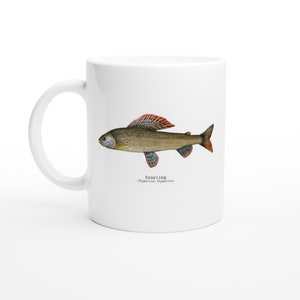 Fish Art Design Taza de té y café Idea de regalo para pescadores y pescadores Diseño de historia natural con Grayling Regalo de Navidad ideal