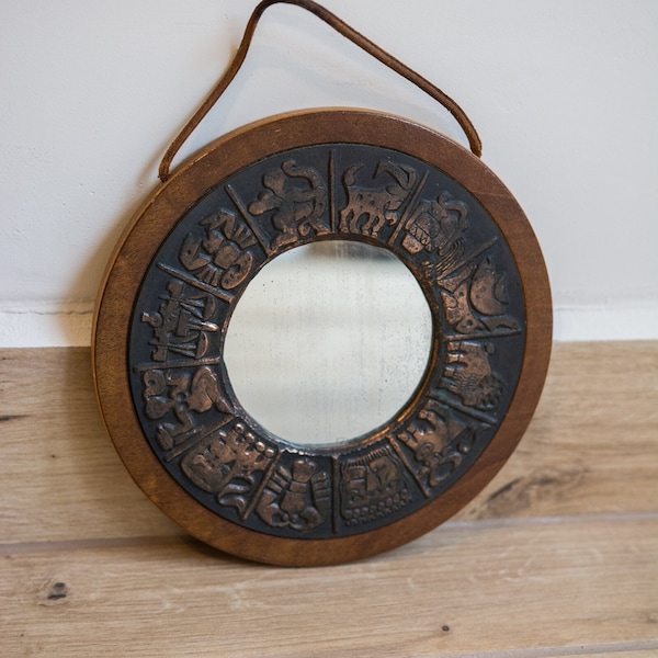 Vintage Copper Zodiac Mirror |  Round Wall Mirror from Hungary | Astrological Signs Mirror