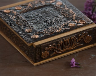 Vintage Handmade Wooden Box with Copper Plated Floral Pattern