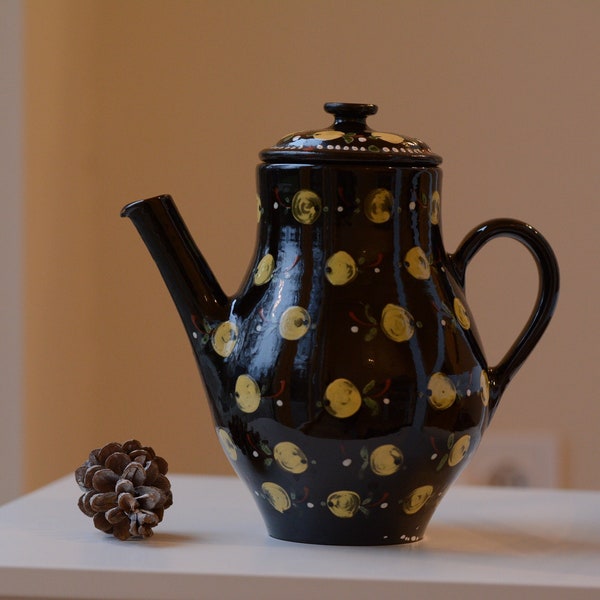 Vintage Clay Teapot from Hungary | Black and White Dotted Pattern