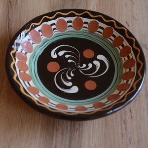 Vintage Pottery Wall Plate - Dark Hand Painted Abstract Motifs from Hungary - Traditional Folk Plate