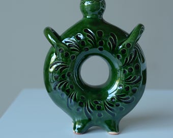 Vintage Pottery Round Shaped Flask from Hungary | Handmade Pálinka Bottle
