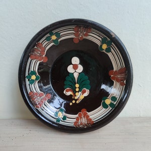 Vintage Small Pottery Wall Plate - Dark Hand Painted Flowers from Hungary - Traditional Folk Plate