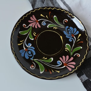Vintage Pottery Wall Plate | Hand Painted Flowers from Hungary | Traditional Folk Plate in Black, Beige, PInk, Blue and Green Colors