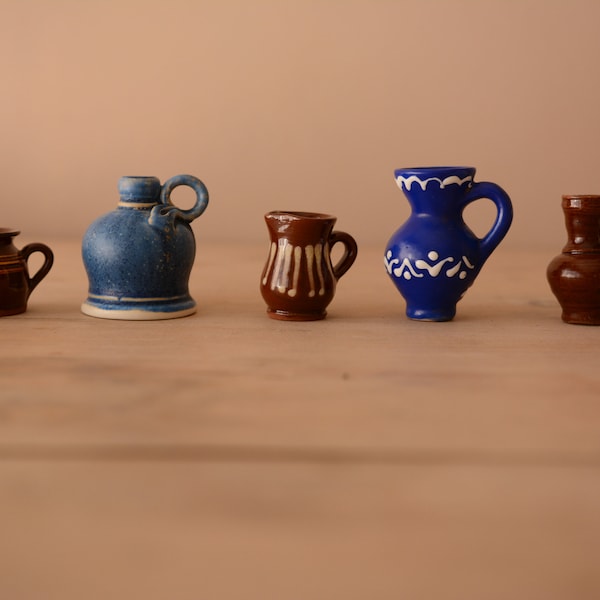 Vintage Hungarian Miniature Pottery Hand Made Jugs - Collectable Small Pitchers in Blue and Brown Colors