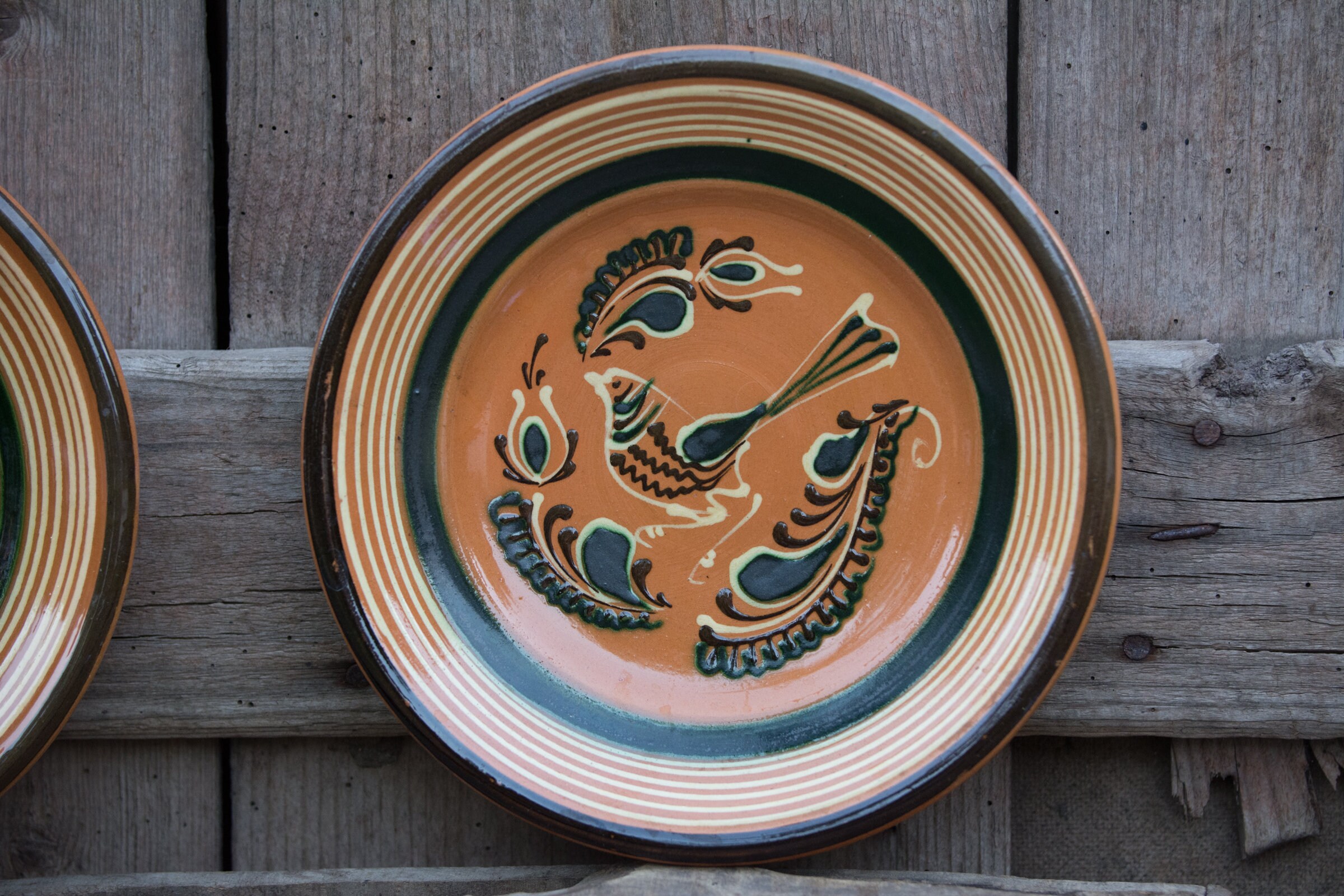 Vintage Large Pottery Wall Plates Hand Painted Flowers and Bird Motif