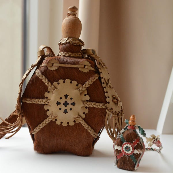 Vintage Handmade Hungarian Folk Art Wooden Flask with Horse Hair | Big Size and a Miniature Size