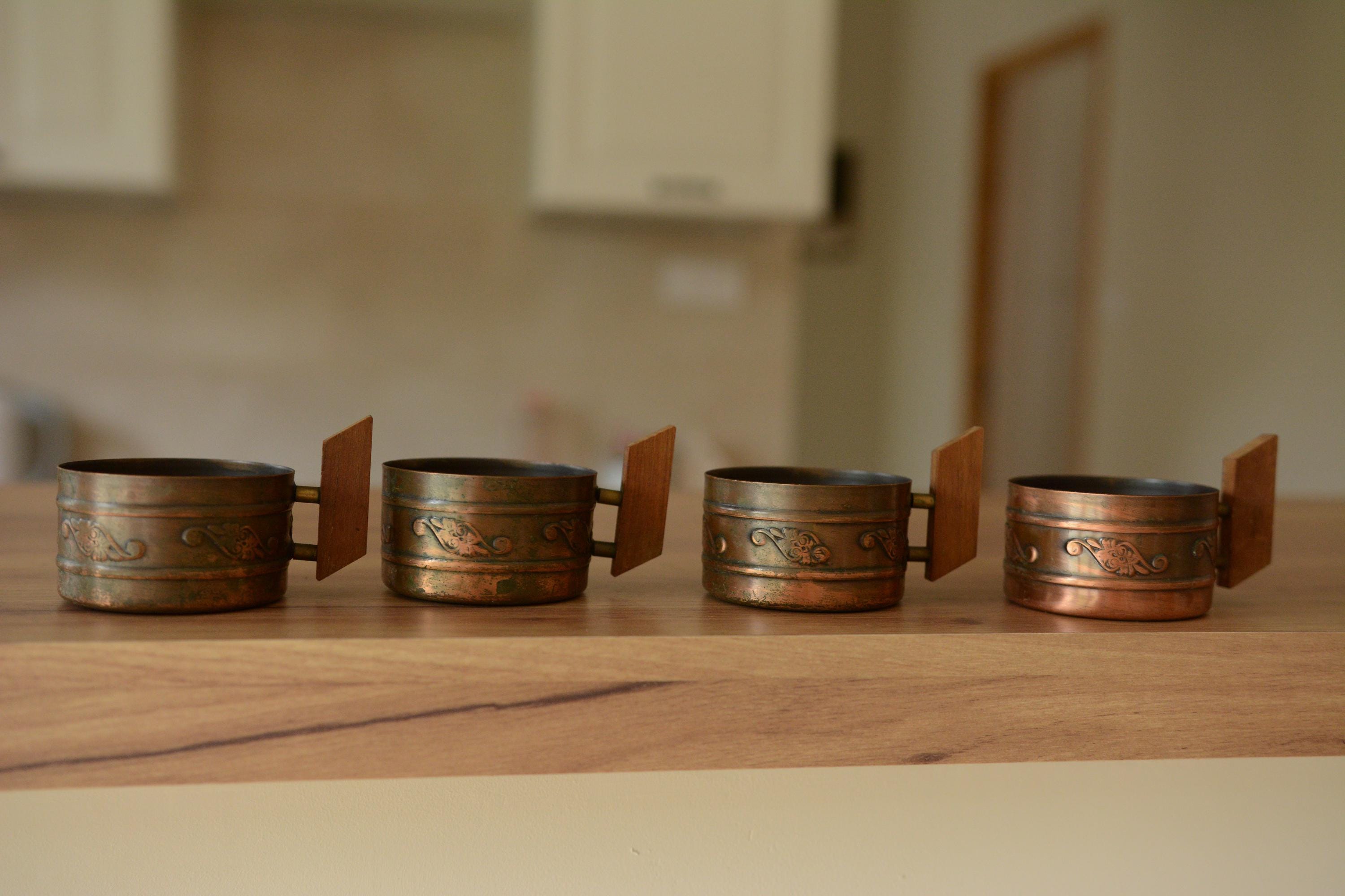 Vintage Copper Cups With Wooden Handle | Set of 4 - Etsy