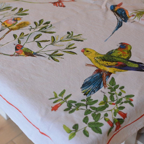 Vintage Large Linen Australian Birds Tablecloth | Printed Colorful Exsotic Birds Pattern