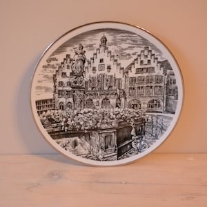 Vintage Collectible Porcelain Plate | German Cityscape in Black and White Colors