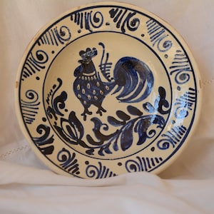 Vintage Deep Pottery Wall Plate | Blue Korond Wall Plate | Antique Hungarian Folk Plate with Rooster Pattern
