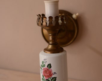 Vintage Porcelan Wall Lamp with Rose Patterned Painting