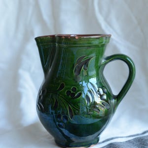 Vintage Green Hand Made Jug | Original Folk Pitcher | Pottery Vase from Mezőtúr, Hungary